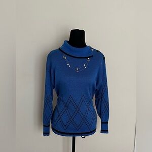 Vintage Vivanti Blue Cowl Neck Sweater with Black Accents